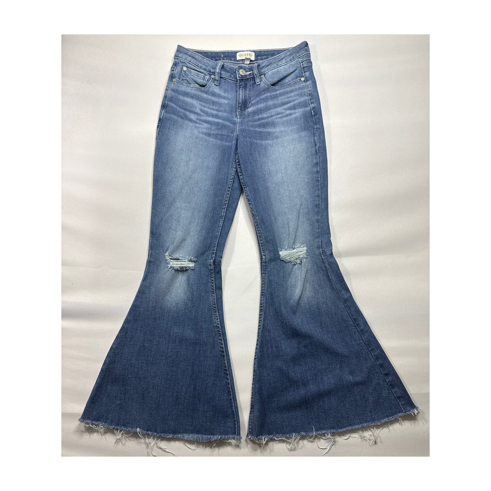 Shyanne Women's Raw Hem Flare Leg Blue Denim Jeans - Size 28Wx34L (27x30)